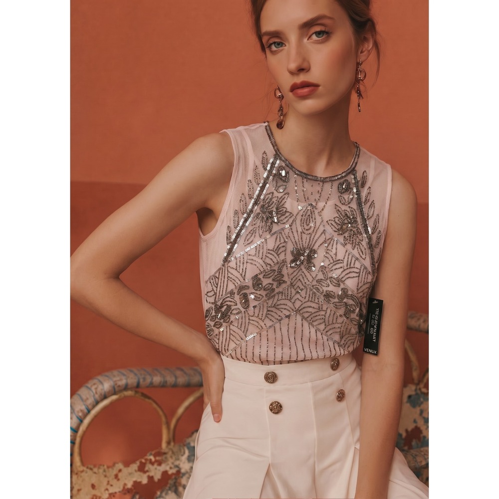 NWT Venus Women's Sheer Nude Silver Beaded Sequin Embellished Sleeveless Top 8